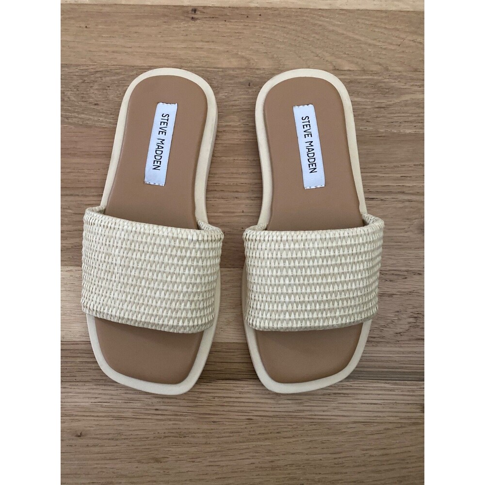 Steve Madden Womens Tan Woven Flat Slide Sandals Shoes 6 Medium - Picture 2 of 3